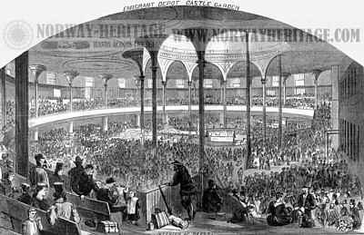 Immigrants gathered in the Castle Garden immigraiton processing center, 1865